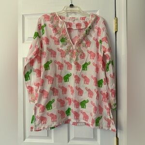 Barbara Gerwit Elephant Print Cotton Tunic Top Shirt Blouse Cover Up Sz M Beaded